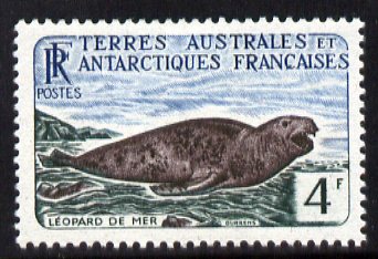 French Southern & Antarctic Territories 1956-60 Leopard Seal 4f very unmounted mint SG 7, stamps on , stamps on  stamps on animals, stamps on  stamps on marine life, stamps on  stamps on seals, stamps on  stamps on polar