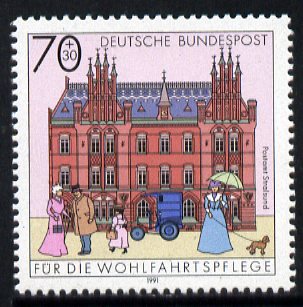 Germany 1991 Stralsund Post Office 70pf + 30pf, from Humanitarian Relief set unmounted mint, SG2417, stamps on , stamps on  stamps on postal, stamps on  stamps on animals, stamps on  stamps on dogs, stamps on  stamps on cars, stamps on  stamps on umbrellas