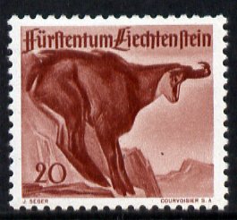 Liechtenstein 1946 Chamois 20r from Wildlife set mounted mint, SG 255, stamps on , stamps on  stamps on animals, stamps on  stamps on goat, stamps on  stamps on antelope