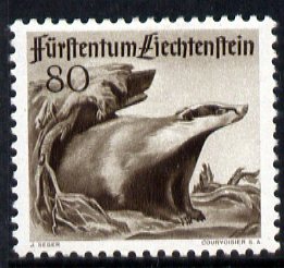 Liechtenstein 1946 Eurasian Badger 80r from Wildlife set mounted mint, SG 285