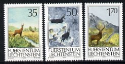 Liechtenstein 1986 Hunting set of 3 unmounted mint, SG 900-02, stamps on , stamps on  stamps on animals, stamps on  stamps on deer, stamps on  stamps on goat, stamps on  stamps on antelope, stamps on  stamps on hunting