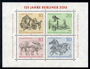 Germany - West Berlin 1969 125th Anniversary of Berlin Zoo sheetlet of 4 unmounted mint, SG MS B332, stamps on , stamps on  stamps on animals, stamps on  stamps on zoos, stamps on  stamps on apes, stamps on  stamps on orangutan, stamps on  stamps on bovine, stamps on  stamps on zebra, stamps on  stamps on horses, stamps on  stamps on birds, stamps on  stamps on pelican