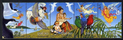 Palau 1989 Carol of the Birds se-tenant strip of 5 unmounted mint, SG 323a, stamps on christmas, stamps on birds, stamps on parrots, stamps on dove, stamps on gulls