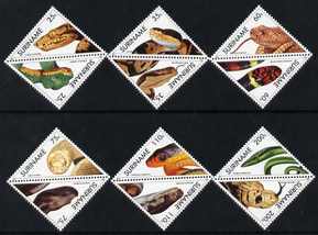 Surinam 1991 Snakes set of 12 in se-tenant triangular pairs unmounted mint, SG 1492-1503, stamps on reptiles, stamps on snakes