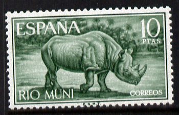 Rio Muni 1964 Black Rhinocerus 10p unmounted mint, from Wild Life set, SG 56, stamps on animals, stamps on rhino
