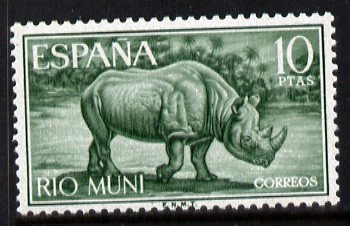 Rio Muni 1964 Black Rhinocerus 10p unmounted mint, from Wild Life set, SG 56, stamps on , stamps on  stamps on animals, stamps on  stamps on rhino