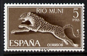 Rio Muni 1964 Leaping Leopard 5p unmounted mint, from Wild Life set, SG 55, stamps on , stamps on  stamps on animals, stamps on  stamps on cats, stamps on  stamps on leopard