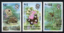 British Indian Ocean Territory 1973 Wildlife 1st Series set of three unmounted mint, SG 53-55, stamps on , stamps on  stamps on marine life, stamps on  stamps on butterflies, stamps on  stamps on insects, stamps on  stamps on spiders