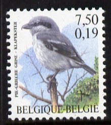 Belgium 2000-01 Birds #4 Grey Shrike 7f50/0.19 Euro dual currency unmounted mint, SG 3542, stamps on , stamps on  stamps on birds, stamps on  stamps on shrike