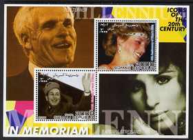 Somalia 2001 In Memoriam - Princess Diana & Walt Disney #16 perf sheetlet containing 2 values with Ted Turner & Barbara Streisand in background unmounted mint, stamps on , stamps on  stamps on personalities, stamps on  stamps on millennium, stamps on  stamps on films, stamps on  stamps on cinema, stamps on  stamps on disney, stamps on  stamps on music, stamps on  stamps on diana, stamps on  stamps on royalty