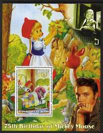 Benin 2003 75th Birthday of Mickey Mouse - Little Red Riding Hood #04 (also shows Elvis & Walt Disney) perf m/sheet unmounted mint. Note this item is privately produced and is offered purely on its thematic appeal, stamps on personalities, stamps on movies, stamps on films, stamps on cinema, stamps on fairy tales, stamps on elvis, stamps on disney, stamps on 