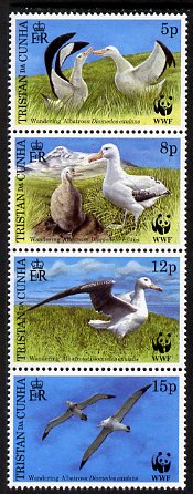 Tristan da Cunha 1999 WWF - Wandering Albatros vertical perf strip of 4 unmounted mint SG 651a, stamps on birds, stamps on  wwf , stamps on albatros