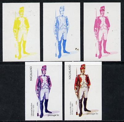 Nagaland 1974 Military Uniforms 5c (French Valaison 1810) set of 5 imperf progressive colour proofs comprising 3 individual colours (red, blue & yellow) plus 3 and all 4-colour composites unmounted mint, stamps on , stamps on  stamps on militaria, stamps on  stamps on uniforms