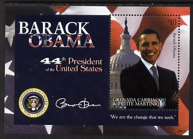 Grenada - Grenadines 2009 Inauguration of Pres Barack Obama perf m/sheet unmounted mint, SG MS3995, stamps on , stamps on  stamps on personalities, stamps on  stamps on usa presidents, stamps on  stamps on american, stamps on  stamps on masonics, stamps on  stamps on masonry, stamps on  stamps on obama