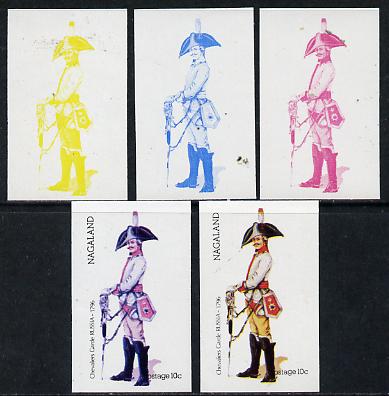 Nagaland 1974 Military Uniforms 10c (Russian Chevaliers Garde 1796) set of 5 imperf progressive colour proofs comprising 3 individual colours (red, blue & yellow) plus 3 ..., stamps on militaria, stamps on uniforms