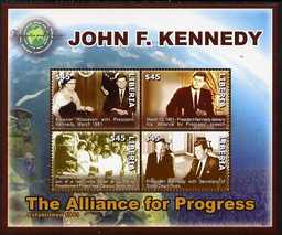 Liberia 2007 90th Birth Anniversary of John F Kennedy - The Alliance for Progress perf sheetlet of 4 unmounted mint, stamps on , stamps on  stamps on personalities, stamps on  stamps on kennedy, stamps on  stamps on usa presidents, stamps on  stamps on americana, stamps on  stamps on flags