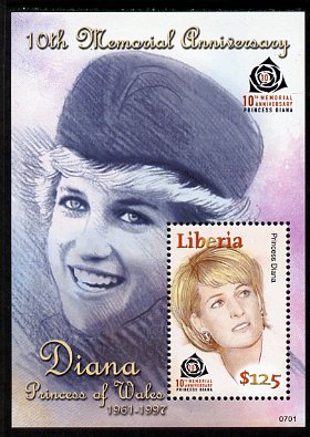 Liberia 2007 Diana, Princess of Wales 10th Memorial Anniversary perf m/sheet unmounted mint, stamps on , stamps on  stamps on personalities, stamps on  stamps on diana, stamps on  stamps on royalty, stamps on  stamps on women