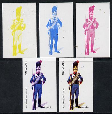 Nagaland 1974 Military Uniforms 15c (Bavarian Foot Artillery 1812) set of 5 imperf progressive colour proofs comprising 3 individual colours (red, blue & yellow) plus 3 and all 4-colour composites unmounted mint, stamps on , stamps on  stamps on militaria, stamps on  stamps on uniforms