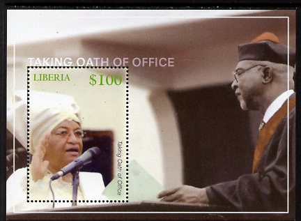 Liberia 2007 Election of President Ellen Johnson Sirleaf perf m/sheet (Taking oath of Office) unmounted mint, stamps on personalities, stamps on women