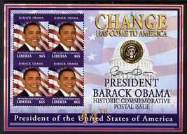 Liberia 2009 Inauguration of Pres Barack Obama perf sheetlet of 4 x $65 unmounted mint, stamps on , stamps on  stamps on personalities, stamps on  stamps on usa presidents, stamps on  stamps on american, stamps on  stamps on masonics, stamps on  stamps on masonry, stamps on  stamps on obama