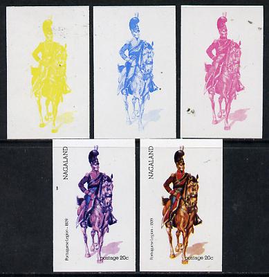 Nagaland 1974 Military Uniforms 20c (Portuguese Mounted Legion 1809) set of 5 imperf progressive colour proofs comprising 3 individual colours (red, blue & yellow) plus 3 and all 4-colour composites, stamps on , stamps on  stamps on militaria    horses   animals, stamps on  stamps on uniforms