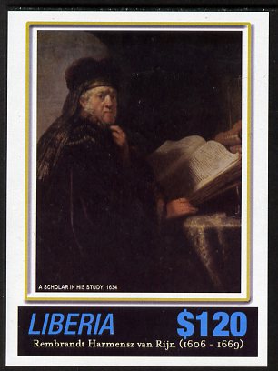 Liberia 2006 400th Birth Anniversary of Rembrandt Harmenz van Rijn imperf sheetlet (A Scholar in his Study) unmounted mint, stamps on arts, stamps on rembrandt