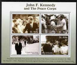 St Kitts 2007 90th Birth Anniversary of John F Kennedy perf sheetlet of 4 (JFK & the Peace Corps), unmounted mint SG 873a, stamps on , stamps on  stamps on personalities, stamps on  stamps on kennedy, stamps on  stamps on usa presidents, stamps on  stamps on americana