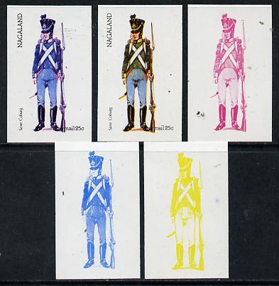 Nagaland 1974 Military Uniforms 25c (Saxe Coburg) set of 5 imperf progressive colour proofs comprising 3 individual colours (red, blue & yellow) plus 3 and all 4-colour composites unmounted mint, stamps on , stamps on  stamps on militaria, stamps on  stamps on uniforms