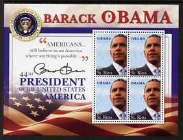 St Kitts 2009 Inauguration of Pres Barack Obama perf sheetlet of 4, unmounted mint SG MS971, stamps on , stamps on  stamps on personalities, stamps on  stamps on usa presidents, stamps on  stamps on american, stamps on  stamps on masonics, stamps on  stamps on masonry, stamps on  stamps on obama