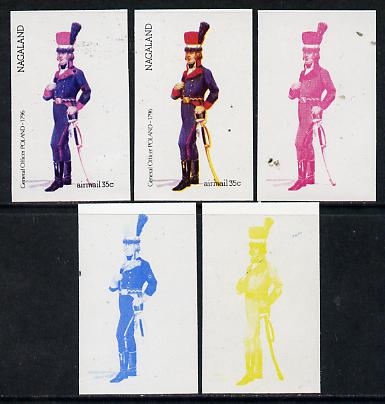 Nagaland 1974 Military Uniforms 35c (Polish General Officer 1796) set of 5 imperf progressive colour proofs comprising 3 individual colours (red, blue & yellow) plus 3 and all 4-colour composites unmounted mint, stamps on , stamps on  stamps on militaria, stamps on  stamps on uniforms
