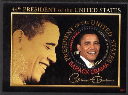 St Vincent - Bequia 2009 Inauguration of Pres Barack Obama perf m/sheet (with circular stamp) unmounted mint , stamps on personalities, stamps on usa presidents, stamps on american, stamps on masonics, stamps on masonry, stamps on obama