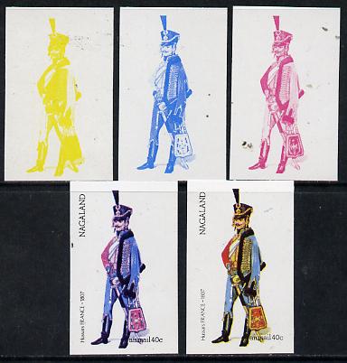 Nagaland 1974 Military Uniforms 40c (French Hussars 1807) set of 5 imperf progressive colour proofs comprising 3 individual colours (red, blue & yellow) plus 3 and all 4-..., stamps on militaria, stamps on uniforms