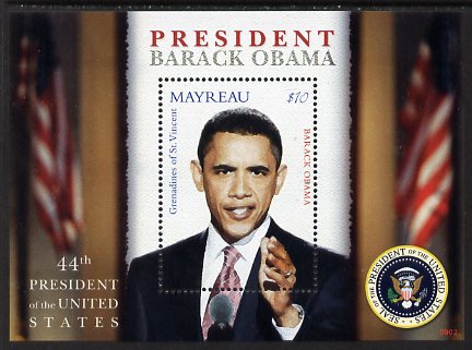 St Vincent - Myreau 2009 Inauguration of Pres Barack Obama perf m/sheet unmounted mint , stamps on personalities, stamps on usa presidents, stamps on american, stamps on masonics, stamps on masonry, stamps on obama