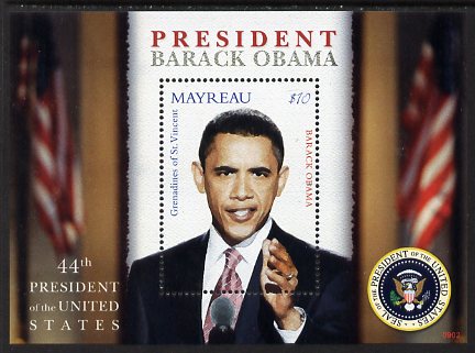 St Vincent - Myreau 2009 Inauguration of Pres Barack Obama perf m/sheet unmounted mint , stamps on , stamps on  stamps on personalities, stamps on  stamps on usa presidents, stamps on  stamps on american, stamps on  stamps on masonics, stamps on  stamps on masonry, stamps on  stamps on obama