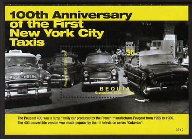 St Vincent - Bequia 2007 Centenary of the First New York City Taxis perf m/sheet unmounted mint , stamps on cars