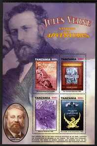 Tanzania 2005 Death Centenary of Jules Verne perf sheetlet 4 x 800s (The Archipelago of Fire etc) unmounted mint, SG MS2466a, stamps on , stamps on  stamps on literature, stamps on  stamps on jules verne, stamps on  stamps on dragons, stamps on  stamps on diamonds