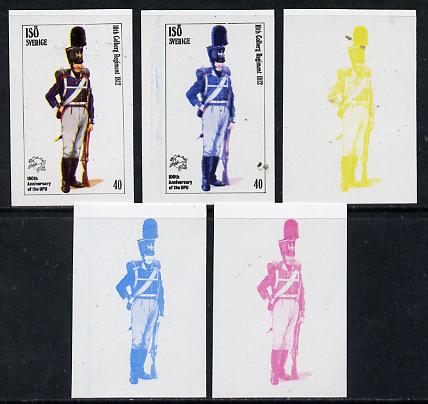 Iso - Sweden 1974 Centenary of UPU (Military Uniforms) 40 (10th Colberg Regiment 1812) set of 5 imperf progressive colour proofs comprising 3 individual colours (red, blue & yellow) plus 3 and all 4-colour composites unmounted mint, stamps on , stamps on  stamps on militaria, stamps on  stamps on  upu , stamps on  stamps on military uniforms, stamps on  stamps on  iso , stamps on  stamps on uniforms