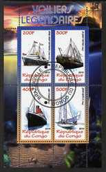 Congo 2010 Legendary Sailing Ships perf sheetlet containing 4 values fine cto used, stamps on ships