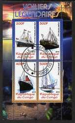 Congo 2010 Legendary Sailing Ships perf sheetlet containing 4 values fine cto used, stamps on , stamps on  stamps on ships