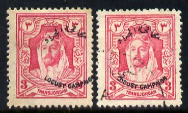 Jordan 1930 Locust Campaign  3m carmine with overprint dramatically misplaced to the right mounted mint with used normal for comparison, as SG184, stamps on , stamps on  stamps on insects
