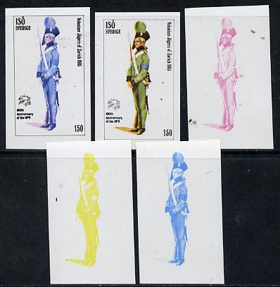 Iso - Sweden 1974 Centenary of UPU (Military Uniforms) 150 (J8Agers of Zurich 1805) set of 5 imperf progressive colour proofs comprising 3 individual colours (red, blue & yellow) plus 3 and all 4-colour composites unmounted mint, stamps on , stamps on  stamps on militaria, stamps on  stamps on  upu , stamps on  stamps on military uniforms, stamps on  stamps on  iso , stamps on  stamps on uniforms