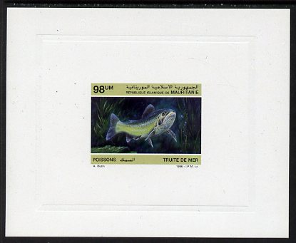 Mauritania 1986 Sea Trout 98um imperf deluxe sheet in issued colours on glazed sunken card unmounted mint Michel 900, as SG877, stamps on , stamps on  stamps on fish