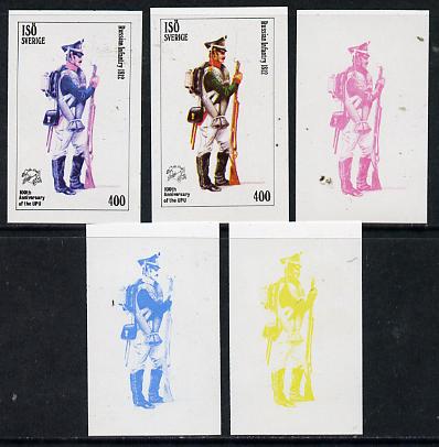 Iso - Sweden 1974 Centenary of UPU (Military Uniforms) 400 (Russian Infantry 1812) set of 5 imperf progressive colour proofs comprising 3 individual colours (red, blue & yellow) plus 3 and all 4-colour composites unmounted mint, stamps on , stamps on  stamps on militaria, stamps on  stamps on  upu , stamps on  stamps on military uniforms, stamps on  stamps on  iso , stamps on  stamps on uniforms