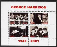 Angola 2001 George Harrison perf sheetlet containing set of 4 values unmounted mint. Note this item is privately produced and is offered purely on its thematic appeal , stamps on music, stamps on pops, stamps on beatles, stamps on personalities, stamps on guitar