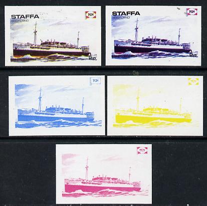 Staffa 1974 Steam Liners 1/2p (MV Eridan 1929) set of 5 imperf progressive colour proofs comprising 3 individual colours (red, blue & yellow) plus 3 and all 4-colour comp..., stamps on ships