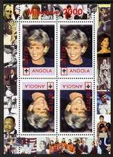 Angola 2000 Millennium 2000 - Princess Diana perf sheetlet containing 4 values (2 tete-beche pairs) with Scout logo (margin shows Churchill, Agasi, Satchmo, Sinatra etc) ..., stamps on sport, stamps on scouts, stamps on golf, stamps on churchill, stamps on jazz, stamps on tennis, stamps on millennium, stamps on personalities, stamps on sinatra, stamps on space, stamps on baseball, stamps on constitutions, stamps on  ww2 , stamps on masonry, stamps on masonics, stamps on human rights, stamps on peace, stamps on nobel, stamps on racism