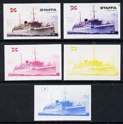 Staffa 1974 Steam Liners 2.5p (MV Baloeran 1929) set of 5 imperf progressive colour proofs comprising 3 individual colours (red, blue & yellow) plus 3 and all 4-colour co..., stamps on ships