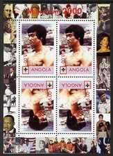 Angola 2000 Millennium 2000 - Bruce Lee perf sheetlet containing 4 values (2 tete-beche pairs) with Scout logo (margin shows Churchill, Agasi, Satchmo, Sinatra etc) unmou..., stamps on sport, stamps on scouts, stamps on golf, stamps on churchill, stamps on jazz, stamps on tennis, stamps on millennium, stamps on personalities, stamps on sinatra, stamps on space, stamps on baseball, stamps on constitutions, stamps on  ww2 , stamps on masonry, stamps on masonics, stamps on human rights, stamps on peace, stamps on nobel, stamps on racism, stamps on martial arts