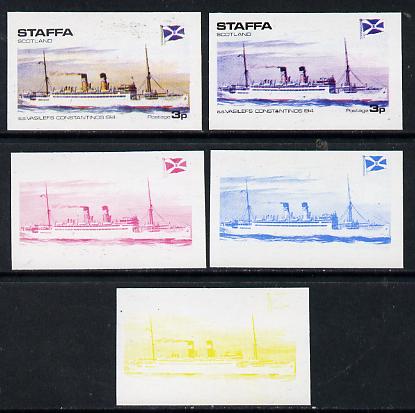 Staffa 1974 Steam Liners 3p (SS Vasilefs Constantinos 1914) set of 5 imperf progressive colour proofs comprising 3 individual colours (red, blue & yellow) plus 3 and all ..., stamps on ships