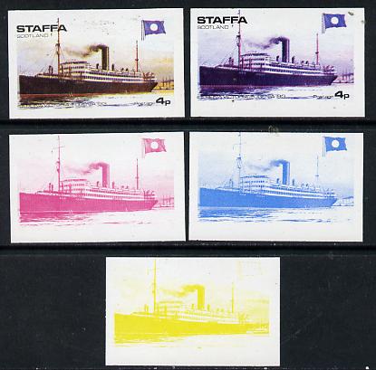 Staffa 1974 Steam Liners 4p (SS Reina Victoria-Eugenia 1913) set of 5 imperf progressive colour proofs comprising 3 individual colours (red, blue & yellow) plus 3 and all..., stamps on ships